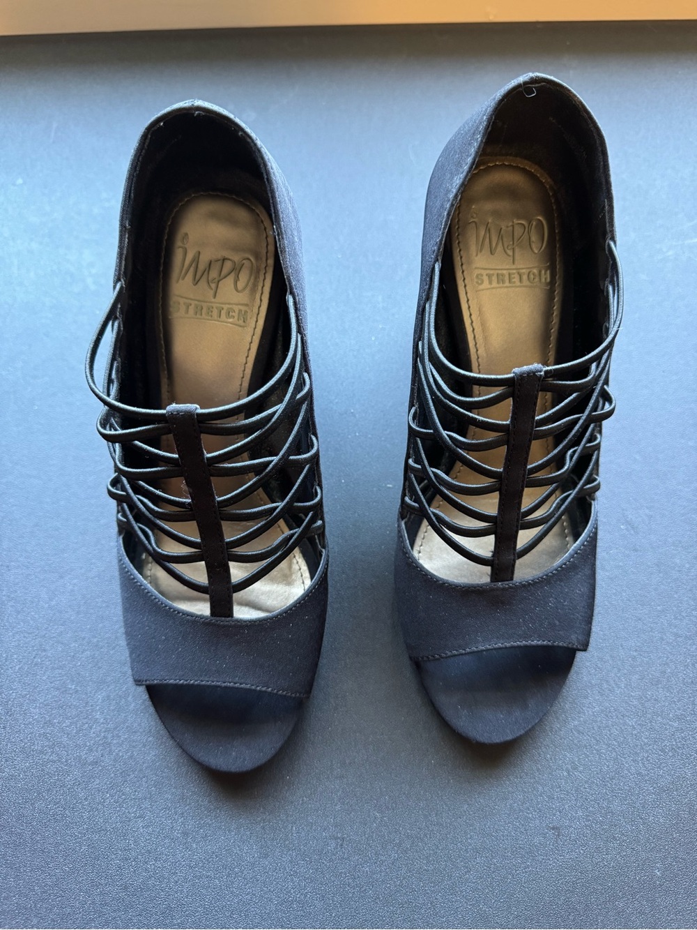 Impo Black Strappy Peep-Toe Stretch Heels